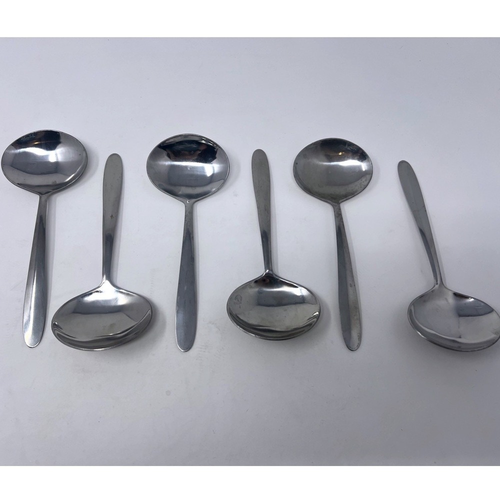 Vintage Taiwan Cream Soup Gumbo Spoons Round Bowl 7" Stainless Set of 6 Large
